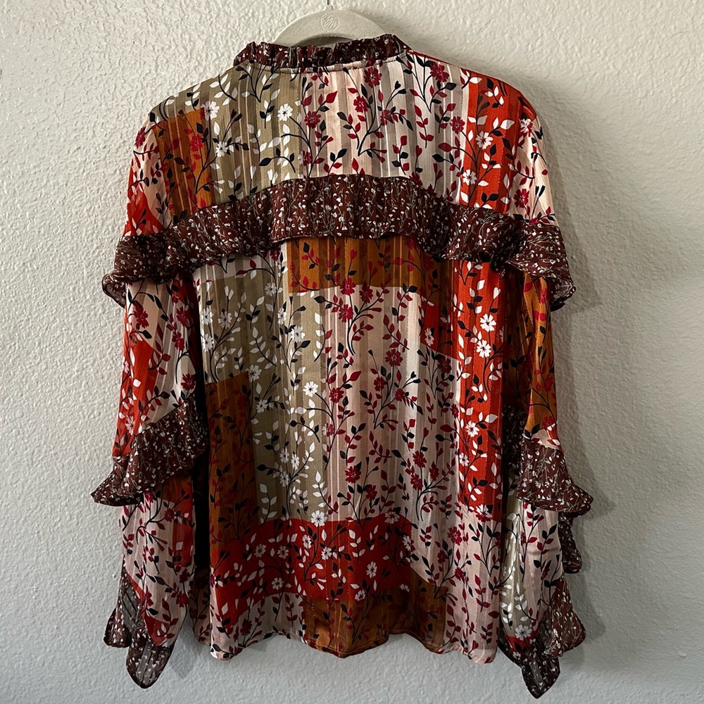 Grace & Lace | Boho Patchwork Flowy Ruffle Long Sleeve Floral Blouse Size Small - Picture 7 of 11